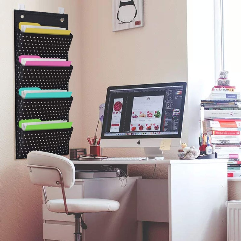 Eamay 4 Pocket White Dots Wall Mount/Over Door File Hanging Storage Organizer - Office Supplies, School, Classroom, Office or Home Use - Image 2